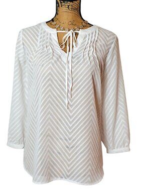 Elle Womens Textured Lng Slv Blouse S White Semi Sheer Tie Neck Elegant Preppy